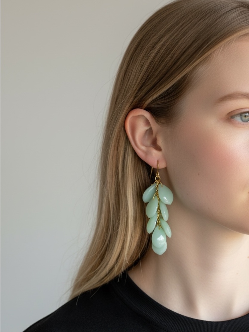 10/10 Elegant Pale Green Cascade Drop Earrings - Gold Accents
